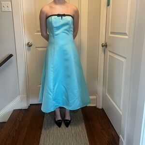 Gunne Sax Jessica McClintock Tiffany Blue Satin Strapless Gown w/ Black Bow 7/8